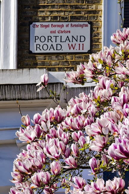 A white residential building with a small front garden enclosed by a low white wall featuring decorative balusters and a flat top, situated on Portobello Road in the Royal Borough of Kensington and Ch